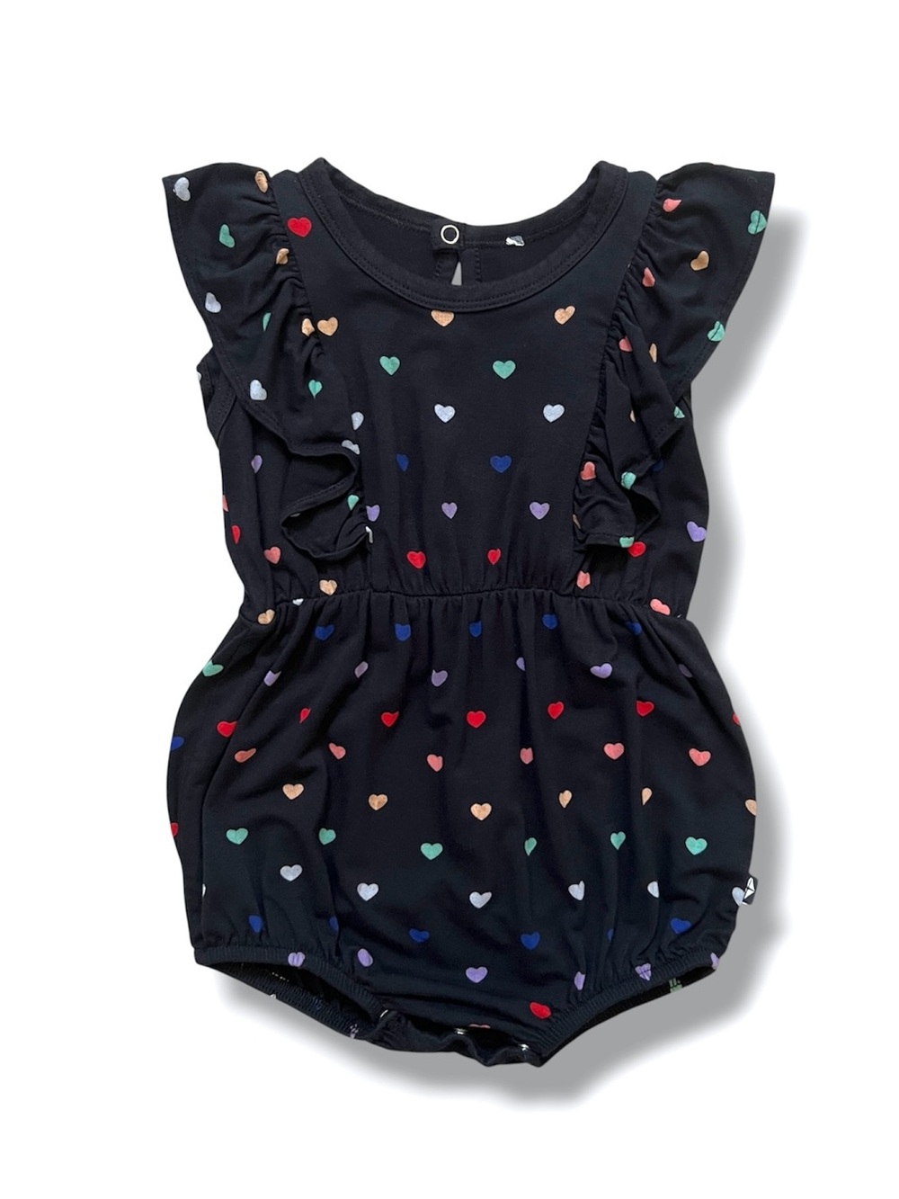 Kyte Baby Bubble Romper Girls 6-12M Black Bamboo Heart Print Ruffle Flutter